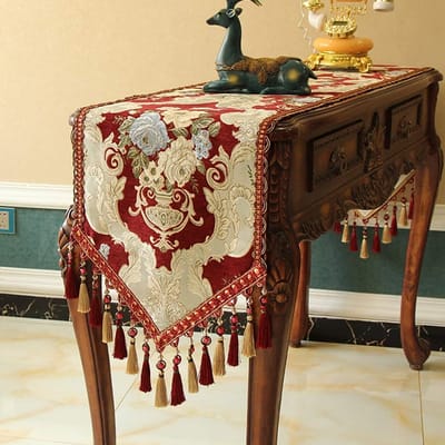 Tafellopers, stuk geweven Vinyl tafelloper wasbare tafelloper kwastjes Chenille Sparkle Velvet look
