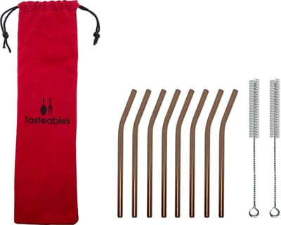 RVS Rietjes Gebogen - Tasteables - Cocktail Rietjes - Set van 8 - Duurzaam - Herbruikbaar - Reinigingsborstel - 140mm lengte - Rose Goud