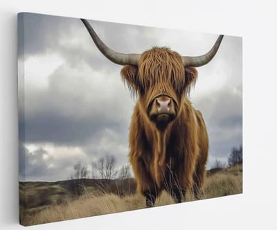 Saammp Canvas Schilderij - Hooglander koe in de wei - Schotland - Natuur - Dieren - 45x30 - Foto op canvas - Wanddecoratie - Muurdecoratie Woonkamer - Slaapkamer decoratie - Canvas Print
