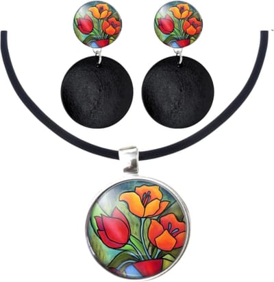 Set Tulp clip oorbellen lang hout en ketting - Charme Bijoux