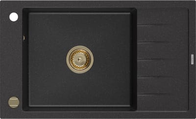 Mexen Elias granieten spoelbak 1-kompartment met druiprek 795 x 480 , zwart/zilveren metallic, gouden sifon - 6511791005-73-G