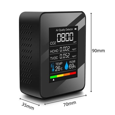 carmdering - 5-in-1 Indoor Air Quality Monitor - CO2 meter - Luchtkwaliteitsmeter - Met hygrometer en thermometer - Draagbaar & oplaadbaar - Luchtkwaliteitstest voor thuis, kantoor, school, hotel en auto -zwart