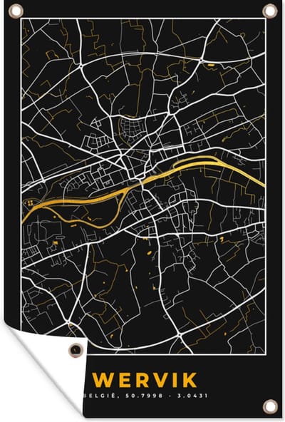 Muurdecoratie Wervik - Plattegrond - Kaart - Goud - Stadskaart - 120x180 cm - Tuinposter - Tuindoek