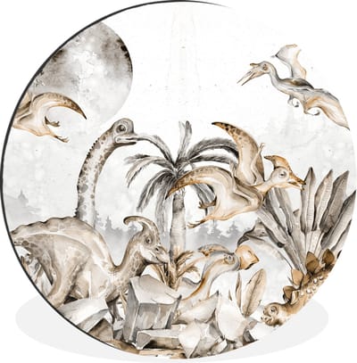 WallCircle - Wandcirkel - Muurcirkel - Dino - Jungle - Natuur - Dieren - Kinderen - Kids - Aluminium - Dibond - 120x120 cm - Binnen en Buiten XXL
