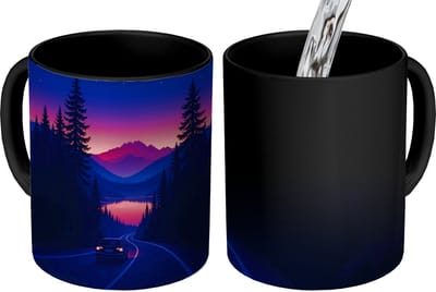 Magische Mok - Foto op Warmte Mokken - Koffiemok - Auto - Donkere dennenbomen - Zonsondergang - Magic Mok - Beker - 350 ML - Theemok