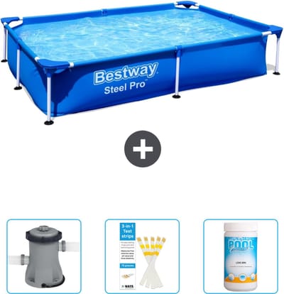 Bestway Rechthoekig Steel Pro Zwembad - 221 x 150 x 43 cm - Blauw - Inclusief Pomp - Testrips - Chloor
