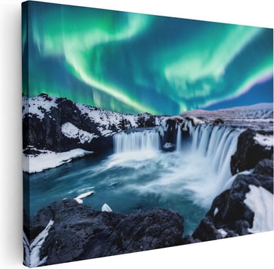 Artaza Canvas Schilderij Waterval - 40x30 cm - Klein - Wanddecoratie Noorderlicht - Muurdecoratie Bergen - Kamer Accessoires Winterlandschap