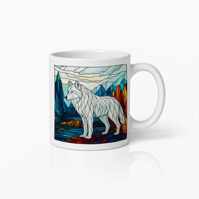 Witte Wolf Glas-in-Lood Kunst Mok – Natuur en Wilde Dieren Koffiebeker voor Dierenliefhebbers