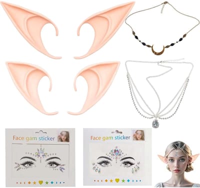 Dailygoods- Elfenoren Set - 2 Paar Siliconen Oren - Zwarte Kristallen Hoofdband - Oog Make-up Stickers - Perfect voor Cosplay - Ideaal voor Halloween - Cosplayoren