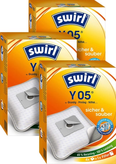 3-pack Swirl Y05 stofzuigerzakken - 12 stuks + 3 filters - Geschikt voor Bomann - Clatronic - Inventum SZ300 ST306 - Sauber V20 V70 SB20 SB70 - Tomado TDB300 - Sencor - Severin - Dirt Devil - Princess - Concept - Dirt Devil