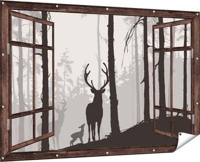 Gards Tuinposter Doorkijk Herten in het Bos - Silhouet - 180x120 cm - Tuindoek - Tuindecoratie - Wanddecoratie buiten - Tuinschilderij