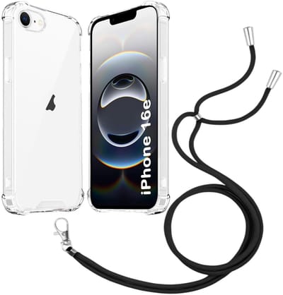 Shock Proof Case Hoes Geschikt voor iPhone 16E Hoesje Transparant Met universele Telefoonkoord zwart - Cover - Nek Hanger - Koord Hoes