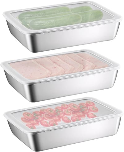 Dailygoods- Maaltijddoos Luchtdicht - Roestvrij Staal - 3 Stuks - 25 x 20 x 5 cm - Voedselcontainer - Opbergdoos - Transparant Deksel