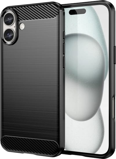 MobyDefend Hoesje - Geschikt voor iPhone 16 Plus - TPU Backcover - Geborstelde Metaal & Carbon-Look - Zwart