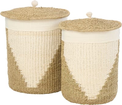 J-Line mand + deksel - ijzer/papier - wit/naturel - set van 2