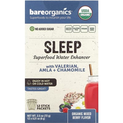 BareOrganics, Sommeil, Améliorateur d'Hydratation Superaliment, Saveur Baies Mixtes Bio, 12 Bâtonnets, 0.21 oz (6g) Chaque