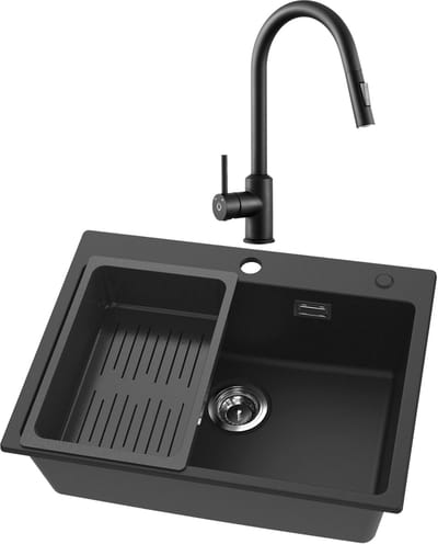 CECIPA max Granieten Spoelbak voor keuken 60x45cm Antraciet - Spoelbakken Keuken Met Keukenkraan - Roestvrij staal - Wasbak met waterafvoersysteem - Granieten spoelbak met afdruip