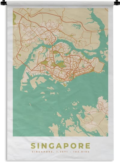 Wandkleed - Wanddoek - Singapore - Plattegrond - Stadskaart - Vintage - Kaart - 120x180 cm - Wandtapijt