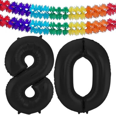 Folat folie ballonnen - Leeftijd cijfer 80 - zwart - 86 cm - en 2x feestslingers gekleurd 600 cm - versiering - feestartikelen