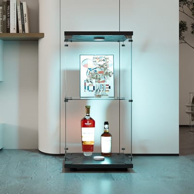 Vitrinekast met LED-verlichting, 86,2 cm glazen vitrinekast, 2 lagen met 1 deur en slot, moderne glazen verzamelkast, staande glazen opbergkast voor woonkamer, slaapkamer, kantoor, zwart