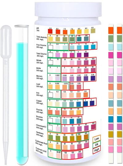 Home Use 16-in-1 drinkwatertestkit - Professionele hardheidstestkits, teststrips voor kraan- en putwater met hardheid, pH, kwik, lood, ijzer, koper, chloor, chroom/Cr, cyanuurzuur, Chloor voor waterkwaliteitstest - Wit fles 100 sticks