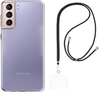 Set met hoesje en nekband voor Samsung Galaxy s21 plus - Flexibele, transparante TPU-bescherming, verstelbare universele nekband voor mobiele telefoons, zwarte nekband, transparante draagriem van Phonillico®