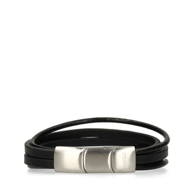 Manfield - Heren - Zwarte leren heren armband - Maat 1