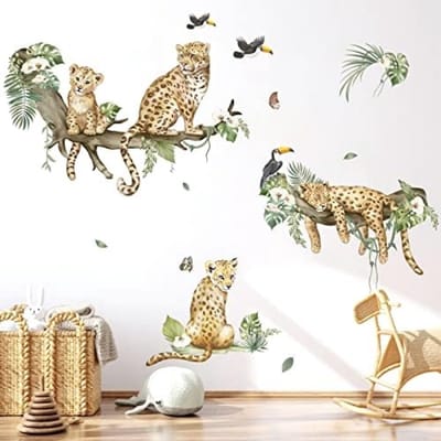 PromoHome Safari Luipaard Muursticker Set - Jungle Dieren Cheetah Muurtattoo voor Babykamer en Kinderkamer - Verwijderbare Wanddecoratie met 2 Vellen (30x90 cm)
