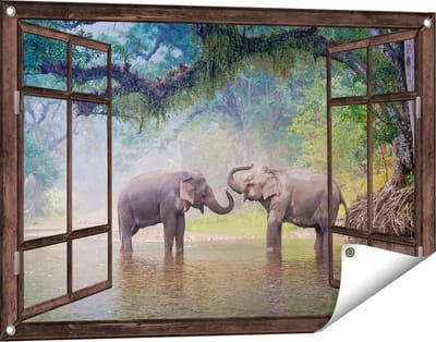 Gards Tuinposter Doorkijk Twee Olifanten in het Water - 90x60 cm - Tuindoek - Tuindecoratie - Wanddecoratie buiten - Tuinschilderij