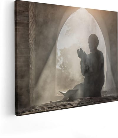 Artaza Canvas Schilderij Biddende Man - 50x40 cm - Wanddecoratie Islamitisch - Muurdecoratie Silhouet - Kamer Accessoires Moskee