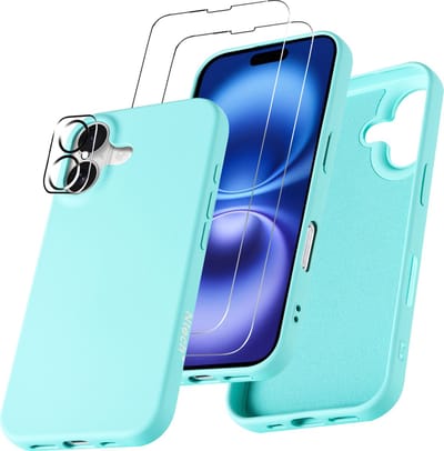 Hoesje Geschikt voor iPhone 16 – Zacht siliconen liquid backcover met 2x screenprotectors gehard glas en 1x lens protector – Mint Groen