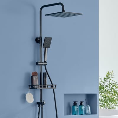 Auralum Max Douche Set - Regendouche en Handdouche - met Opslagplank - Verstelbare Hoogte 72-110 cm - Vierkant Design - RVS - 10 inch Douchekop - Zwart