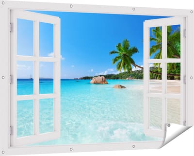 Gards Tuinposter Doorkijk Tropisch Strand en Zee - 150x100 cm - Tuindoek - Tuindecoratie - Wanddecoratie buiten - Tuinschilderij