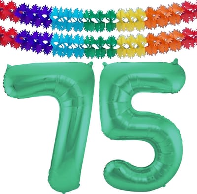 Folat Verjaardag Leeftijd folieballon - 75 jaar - groen - 86 cm - cijferballon groot - incl 2x feestslingers