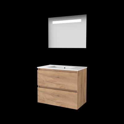 Basic-Line Economic 46 Badkamermeubelset - 80 x 46 cm - Greeploos - 2 Lades - Keramische Wastafel - 1 Kraangat - Spiegel met LED Verlichting - Whisky Oak