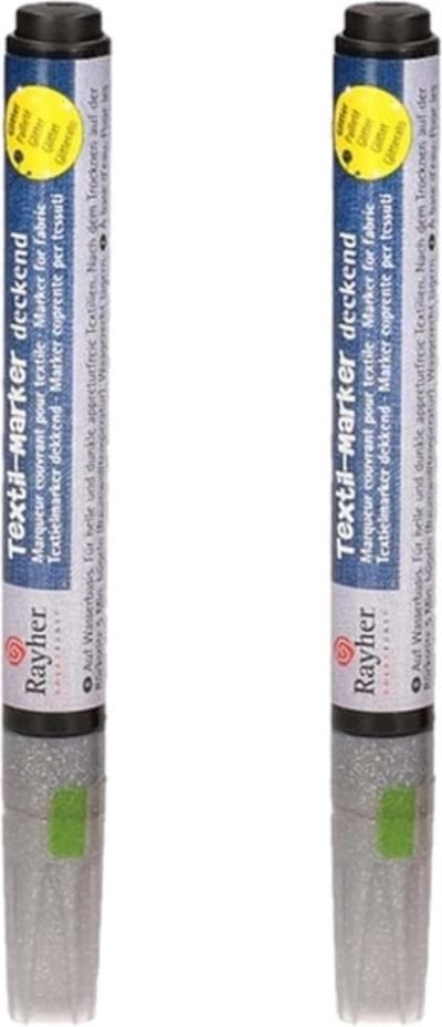 Rayher hobby textielstiften - 2x stuks - glitter zilver - dikke punt - voor op kleding/stof