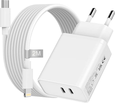 35w Oplader usb C 2 Poorten geschikt voor iPhone 14 13 12 11 X XR XS - Lightning naar usb-C - 2 Meter - Power Delivery - Dubbele usb C Snellader - GaN usb C Adapter