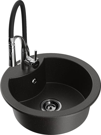 Mexen Diego granieten gootsteen 1-komors met keukenmengkraan Aster, zwart/goud metallic - 6512-75-73450-07-B