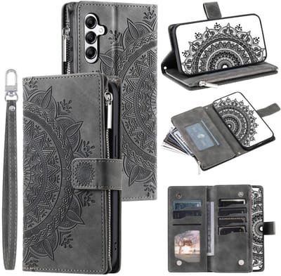 Telefoonhoesje geschikt voor Samsung Galaxy A26 5G / A17 5G - Portemonnee met rits - book-case hoesje - ruimte voor 8 pasjes - mandala grijs