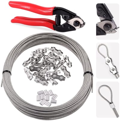 32 Stuks RVS Draad Kabelset 1/8" x 98 Feet met Kabelsnijder, Crimp Sleeves en Duplex Clips voor Doe-Het-Zelf Trapleuning en Terrasprojecten