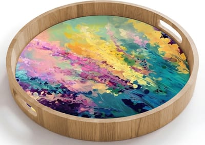 Dienblad rond 40x40 cm - Schootdienblad hout - Dromerige - Langgerekte bloemen - Borrelplank rechthoek - Plateau houten dienbladen
