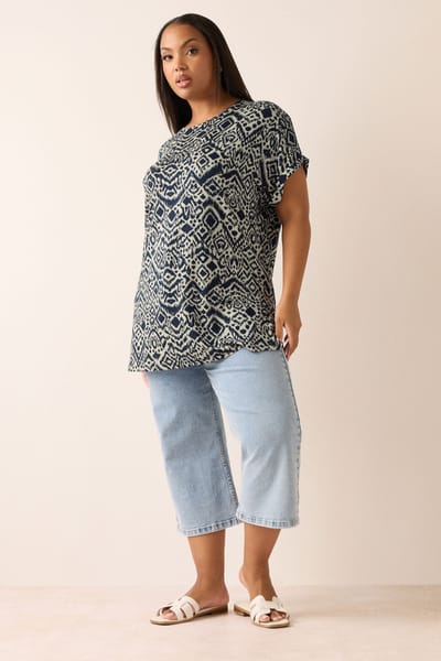 Yours Marineblauwe Aztec Top Met Verlaagde Schouders Size 44
