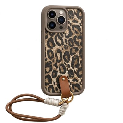 Bruin luipaard print telefoon hoesje met koord geschikt voor iPhone 12 Pro – backcover dames met panter dessin, afneembaar draagkoord en minimalistisch ontwerp