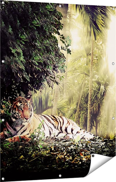Gards Tuinposter Tijger in de Jungle met Zonneschijn - 90x120 cm - Tuindoek - Tuindecoratie - Wanddecoratie buiten - Tuinschilderij