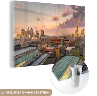 MuchoWow® Glasschilderij 180x120 cm - Schilderij acrylglas - De skyline van Londen met de Millennium Bridge op de voorgrond - Foto op glas - Schilderijen