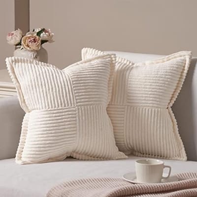 PromoHome Set van 2 Corduroy Kussenslopen 50x50 cm - Groene Ribfluwelen Kussenhoezen met Verborgen Ritssluiting voor Bank, Bed en Woonkamer Decoratie "Crèmewit"