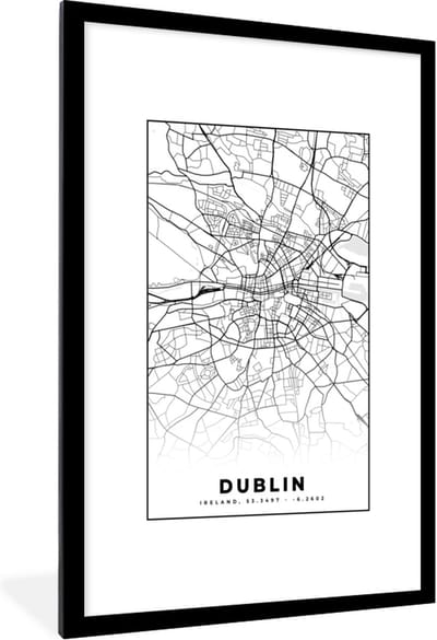 Fotolijst incl. Poster Zwart Wit- Dublin - Stadskaart - Zwart Wit - Plattegrond - Kaart - 80x120 cm - Posterlijst