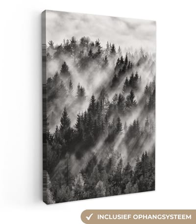 Canvas schilderij 20x30 cm - Wanddecoratie Landschap - Mist - Bos - Natuur - Muurdecoratie woonkamer - Slaapkamer decoratie - Kamer accessoires - Schilderijen op canvas