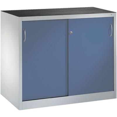 C + P gereedschapskast met schuifdeuren Acurado, B 1200 x D 600 x H 1000 mm, draagvermogen per legplank 70 kg, staal, lichtgrijs/geniaanblauw