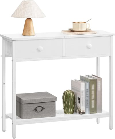 HOMESY Consoletafel, smalle bijzettafel met 2 stoffen lades, 75 cm haltafel, industriële salontafel, voor hal, woonkamer, hal, wit
